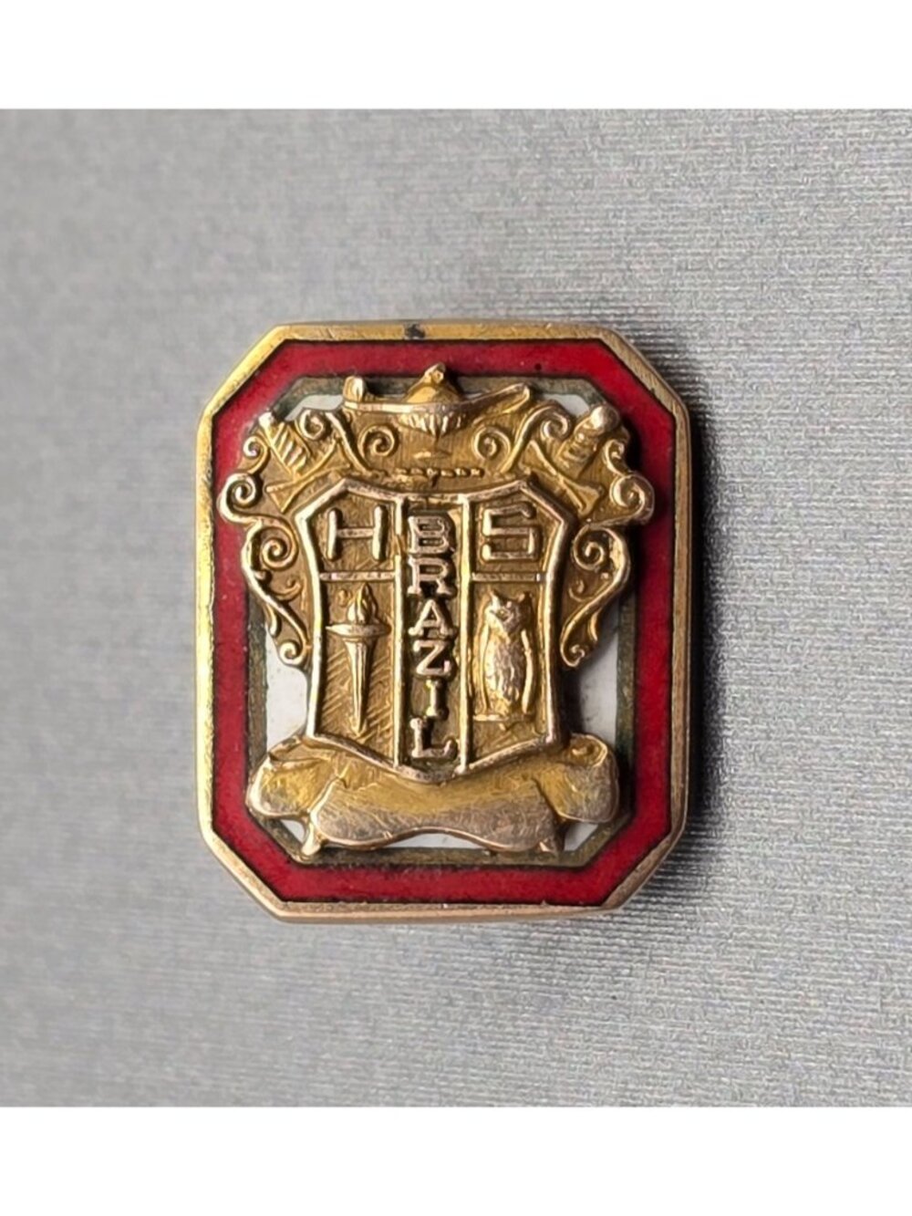 Vintage Brazil 13k Gold Guilloche Enamel Coat of Arms Shield Academic Brooch Pin - Picture 11 of 11